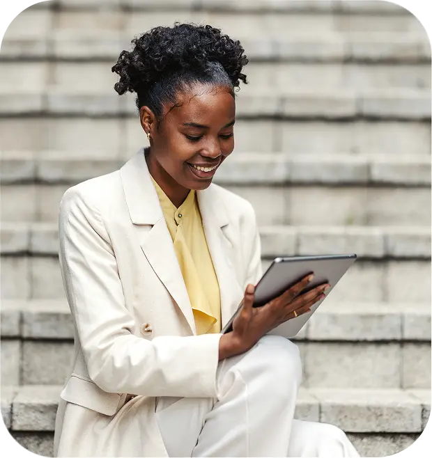 Policyholder reviewing her policy information on a tablet