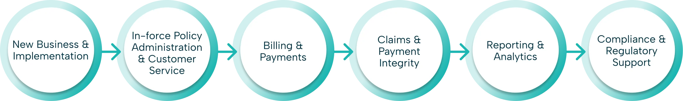 The six stages of administration Wellcove connects: New Business & Implementation, In-force Policy Administration & Customer Service, Billing & Payments, Claims & Payment Integrity, Reporting & Analytics, and Compliance & Regulatory Support