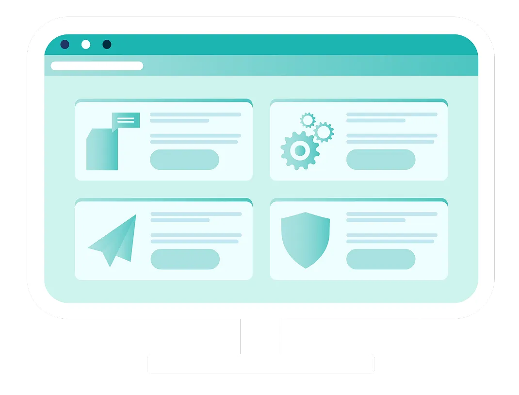 Illustration of a digital dashboard organizing documents, settings, messages, and security records
